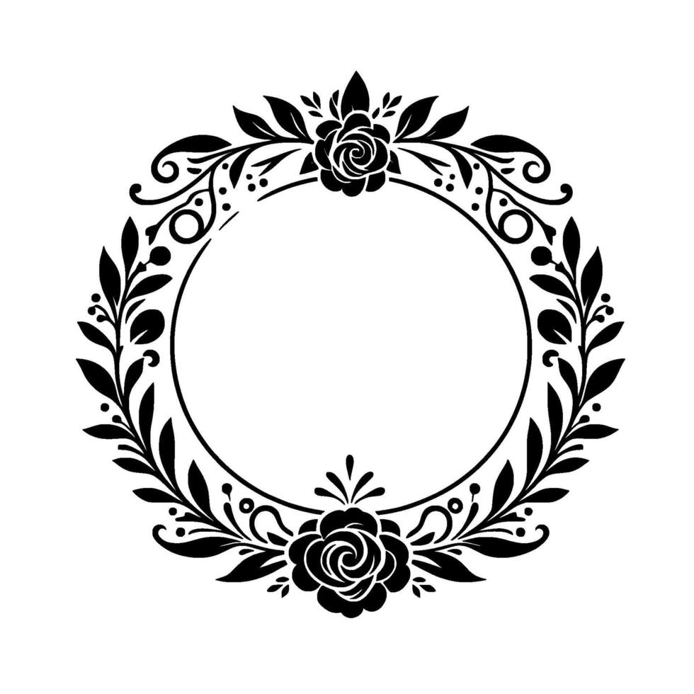 Elegant black floral circle frame with roses, invitation vector
