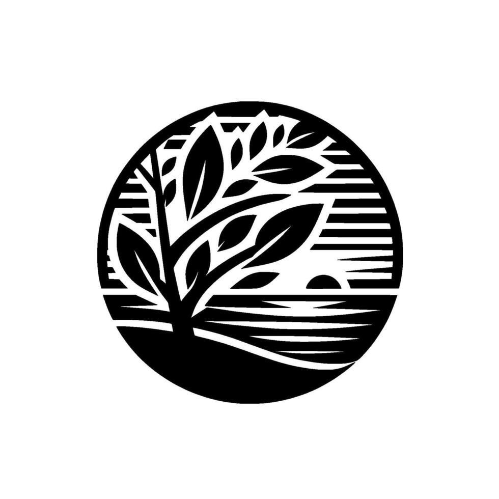 Minimalist circle tree silhouette over water, black white, nature concept vector