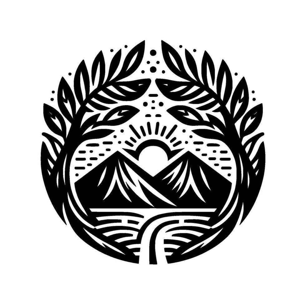 Black white nature emblem mountains, sun, and foliage vector