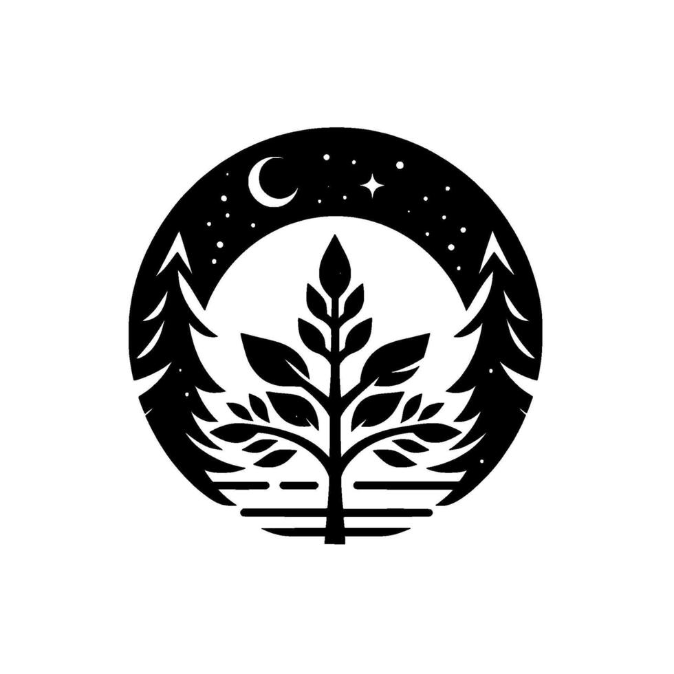 Night forest silhouette trees, crescent moon, stars, circle vector