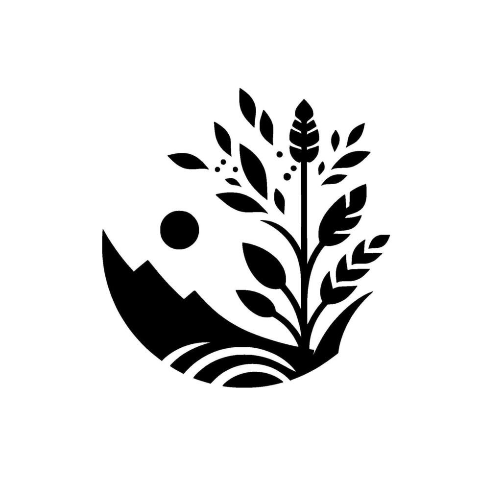 Minimalist black white nature mountains, sun, plant vector