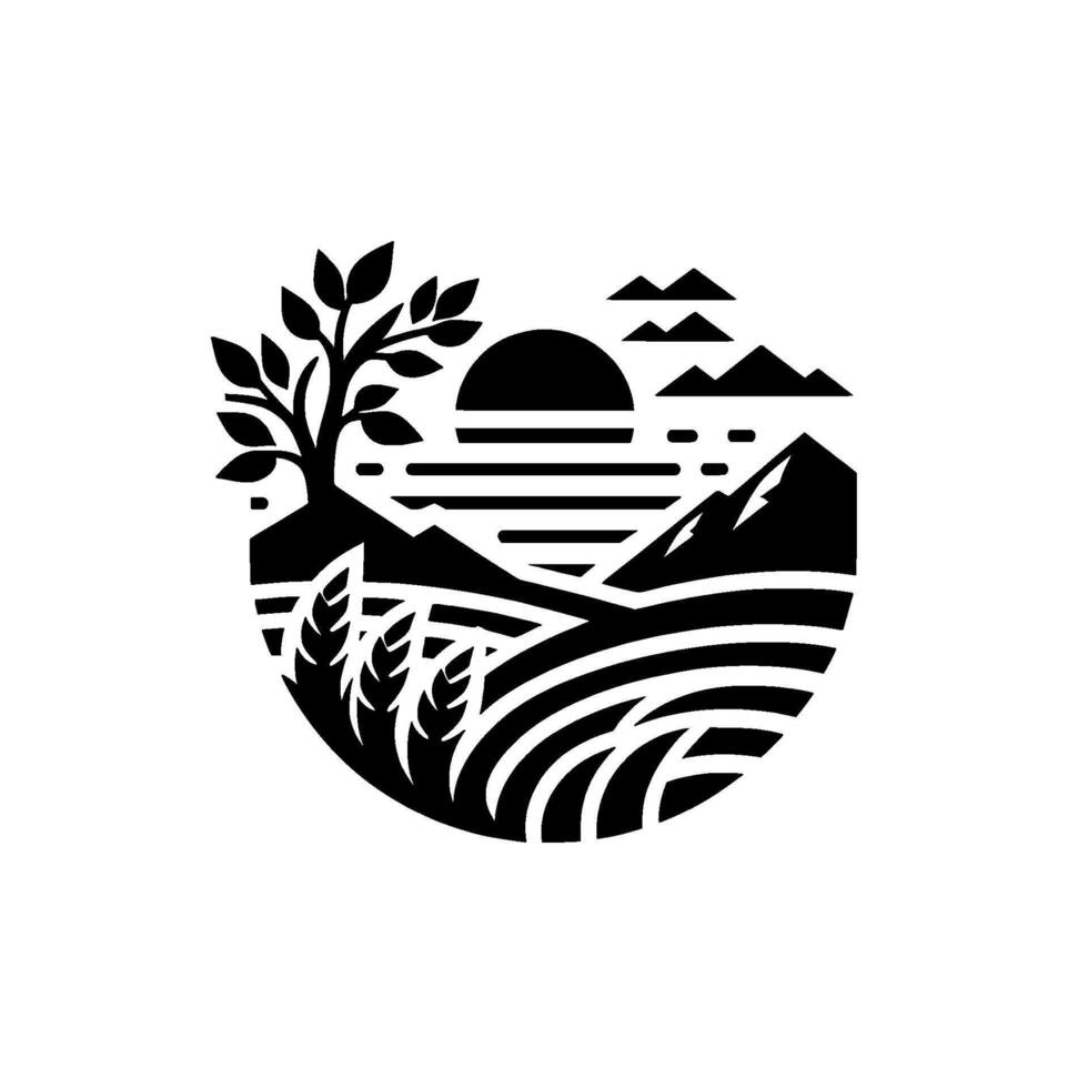 Minimalist landscape silhouette nature, sunset, farming vector