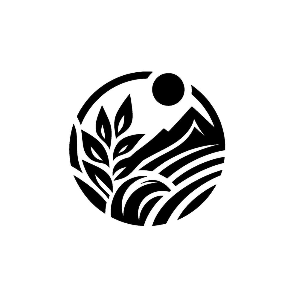 Minimalist landscape circle, mountains, fields plant silhouette vector