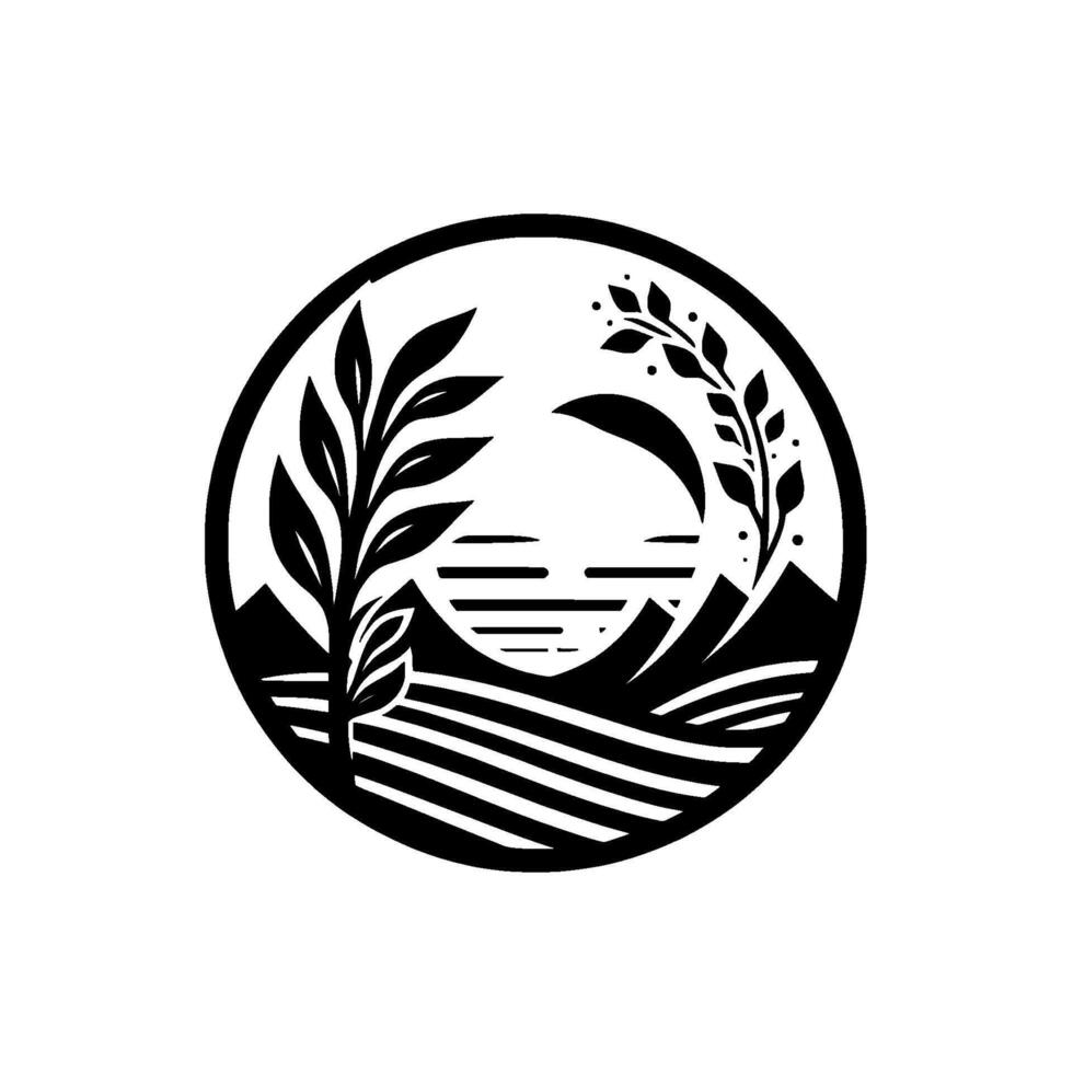Nature silhouette emblem mountains, lake, and leaves in circle vector