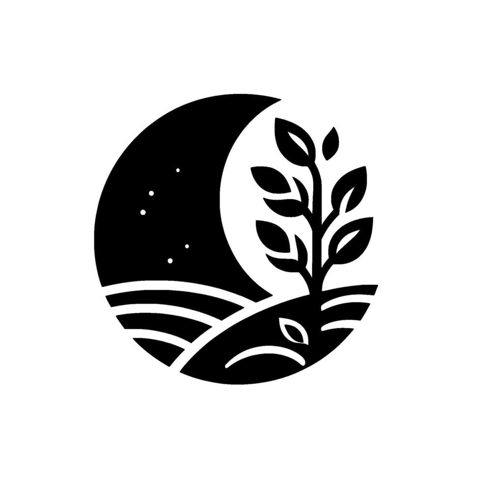 Minimalist night landscape moon, tree, and field black and white vector