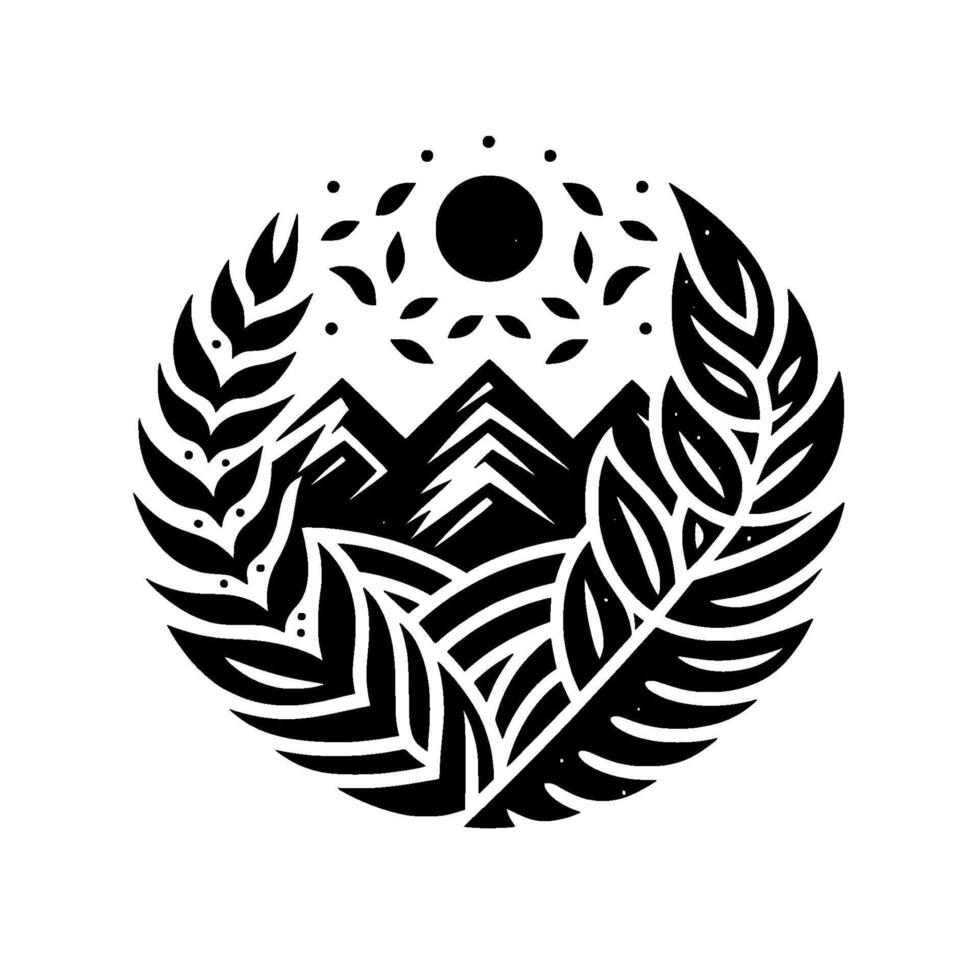 Black and white nature mandala mountain, leaves, and sun vector
