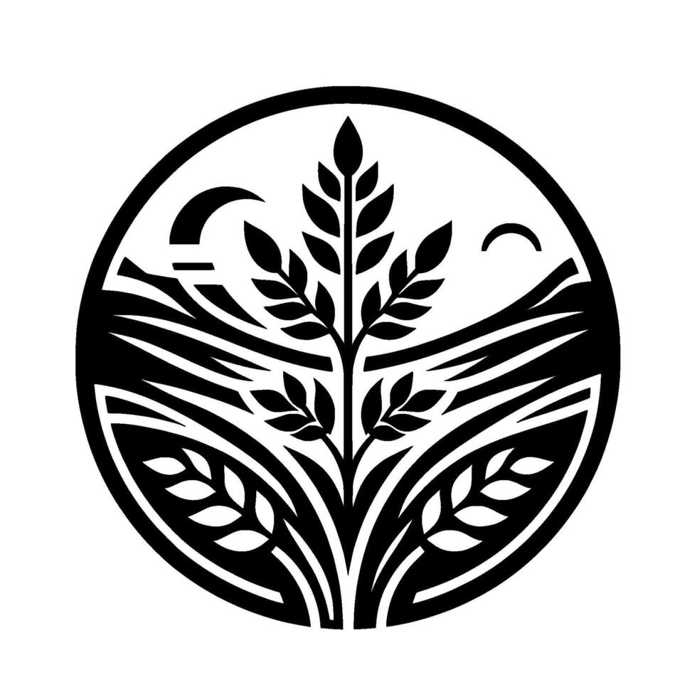 Black white circle wheat stalk crescent moon, minimalist vector