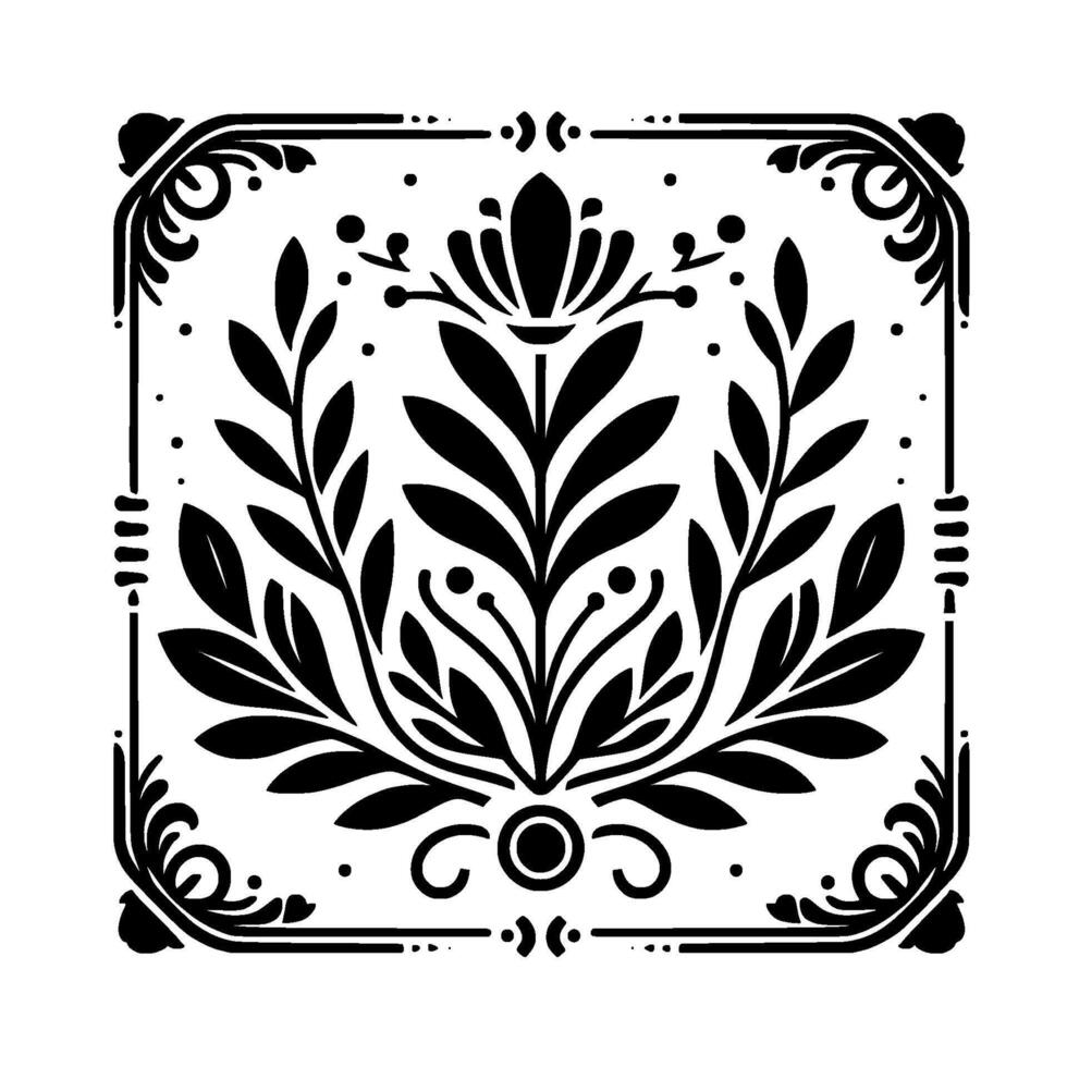 Black floral square ornament on white, geometric vector