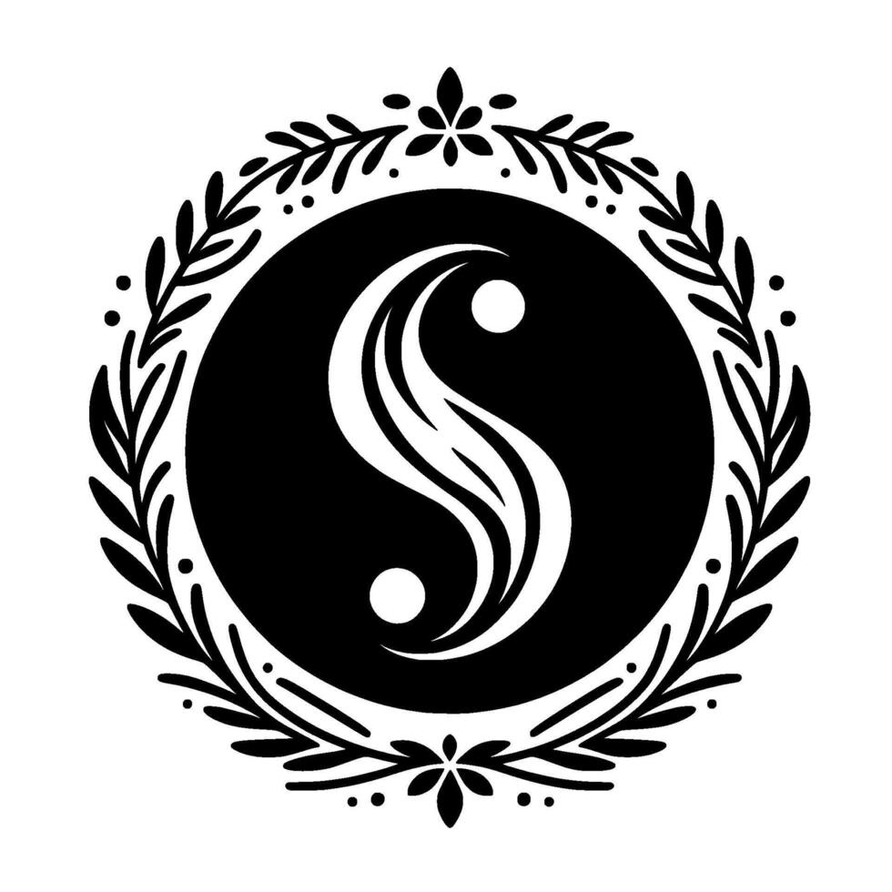 Elegant yin yang symbol with floral wreath, black and white vector