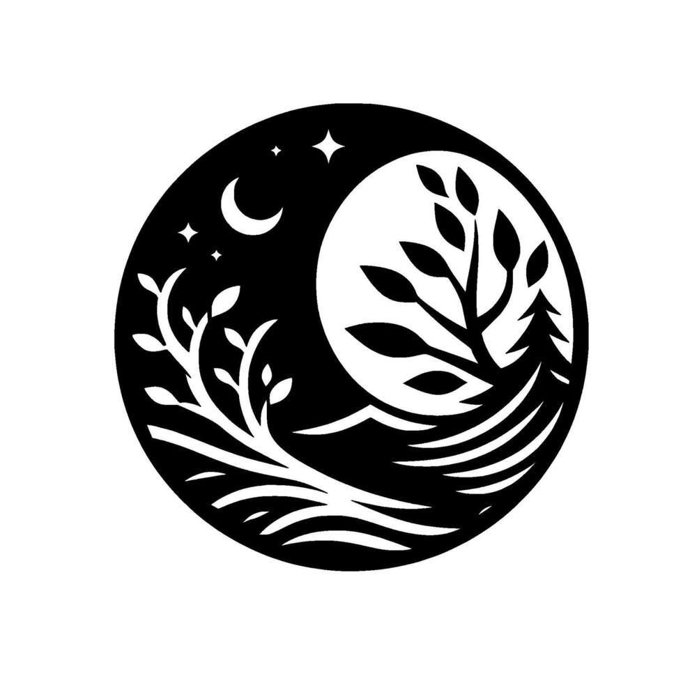Yin yang nature scene moon, trees, and stars in black and white vector