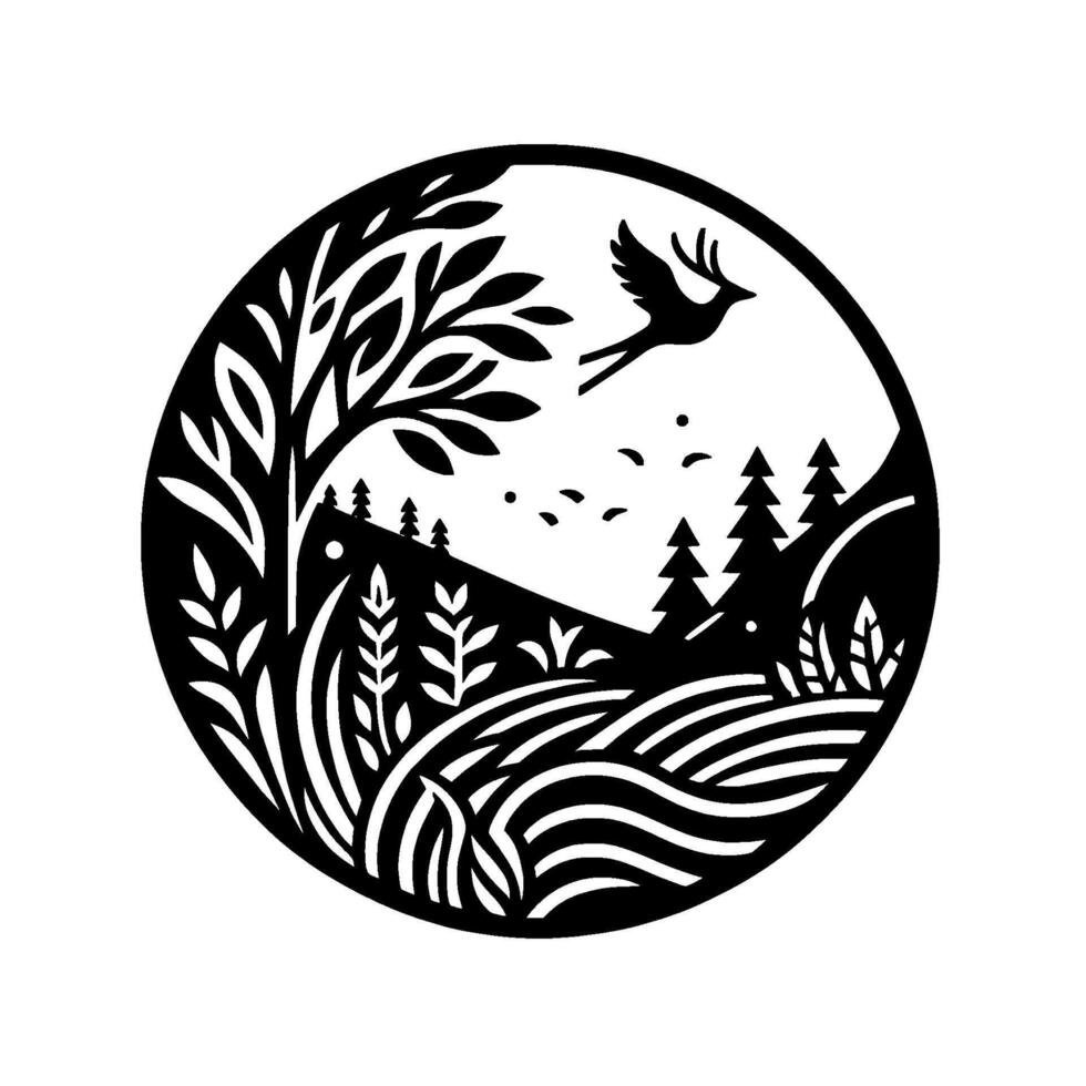 Silhouette deer flight in forest landscape, circle frame vector