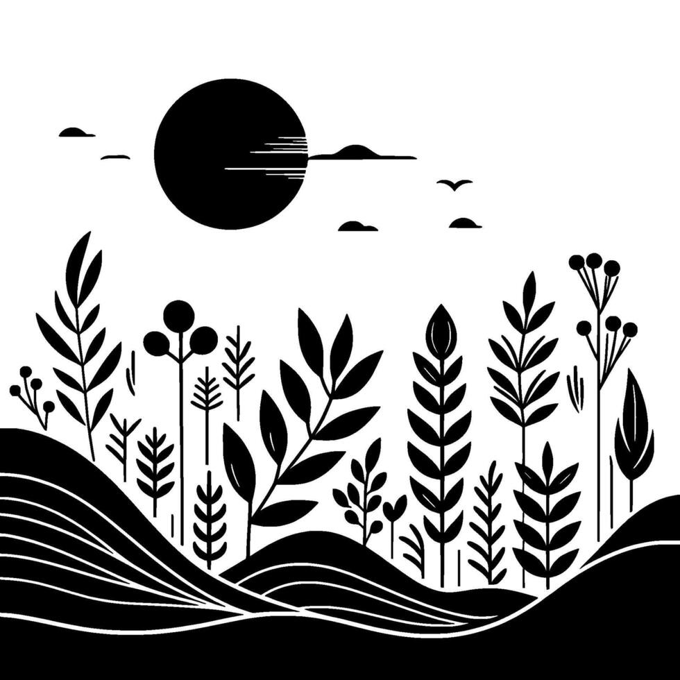 Black and white botanical landscape, minimalist art vector