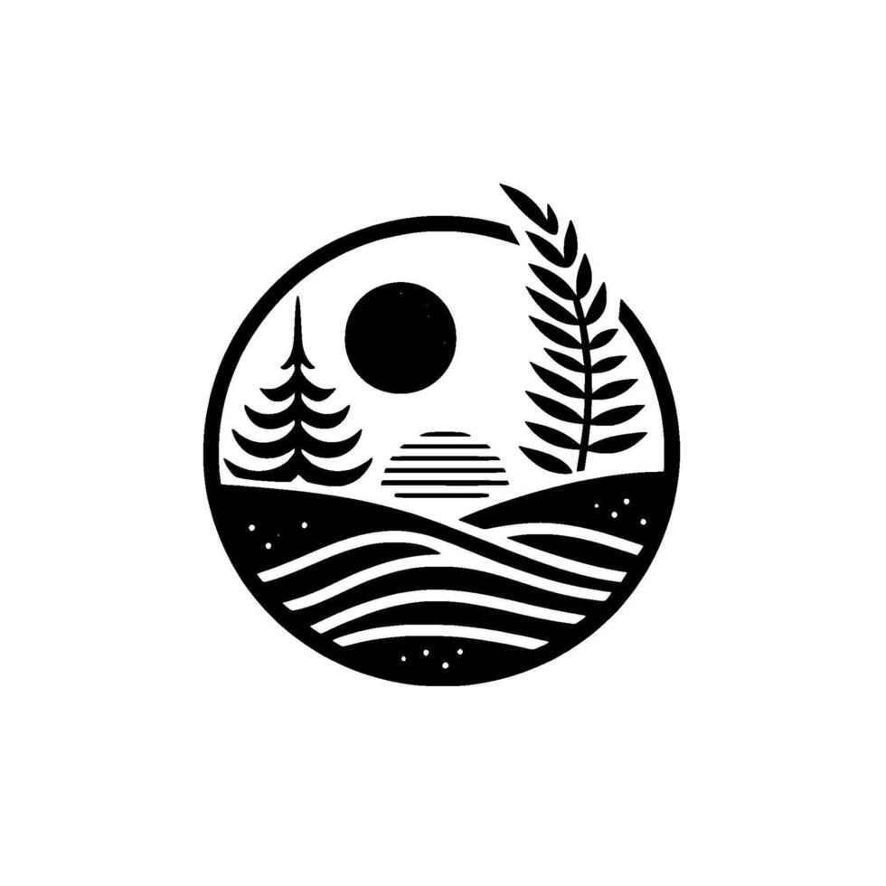Minimalist circular nature illustration trees, sun, and landscape vector
