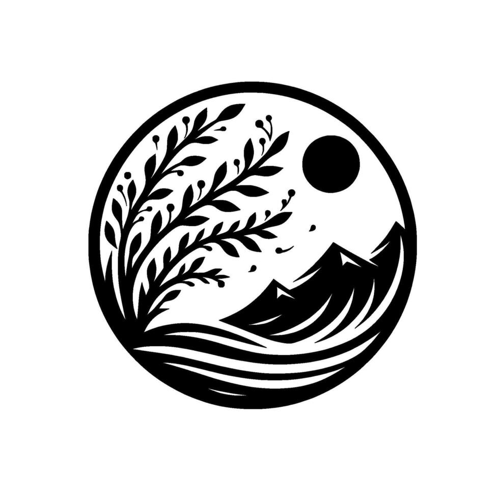 Minimalist black white nature mountain, branch, sun vector