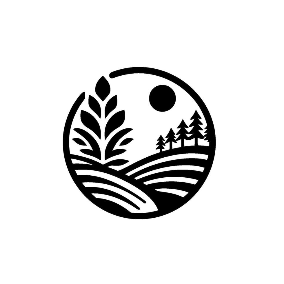 Minimalist nature wheat, hills, trees, sun circle vector