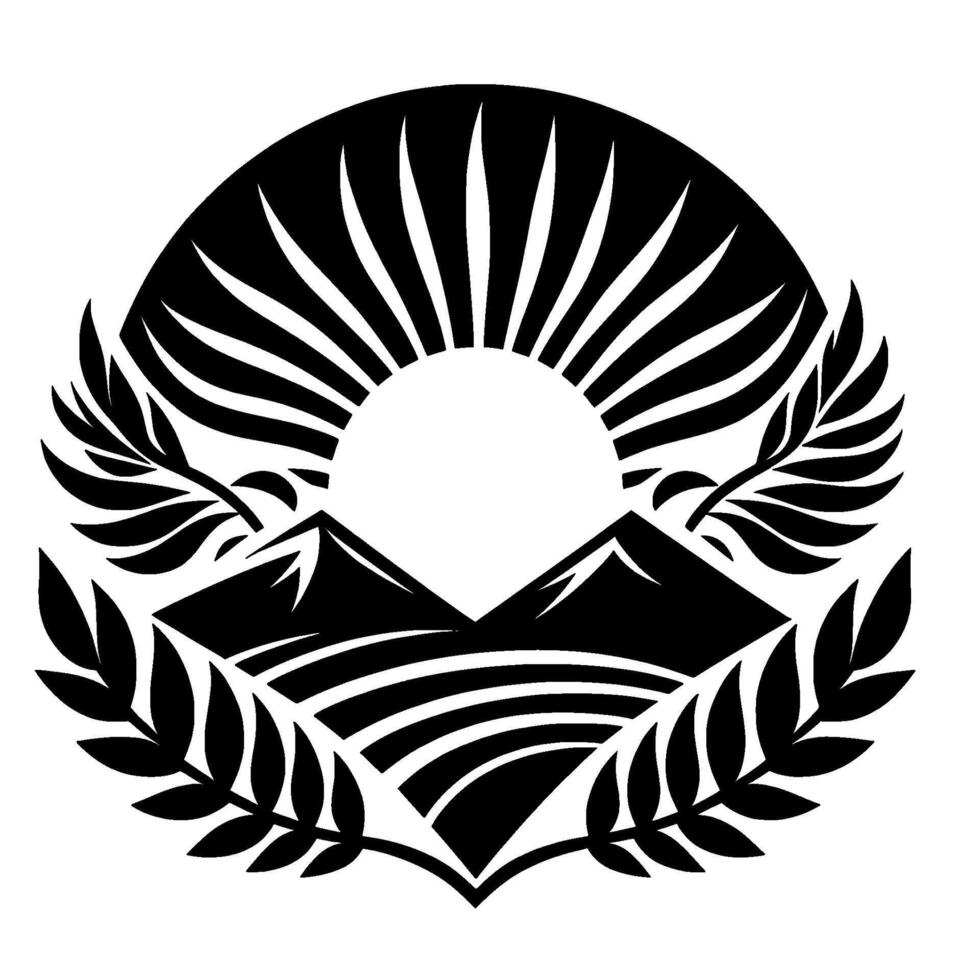 Black White Emblem Sun, Mountains Laurel Wreath vector