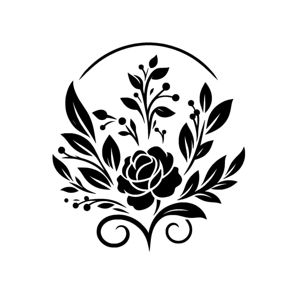 Elegant Floral Silhouette Rose, Leaves, Berries Art vector