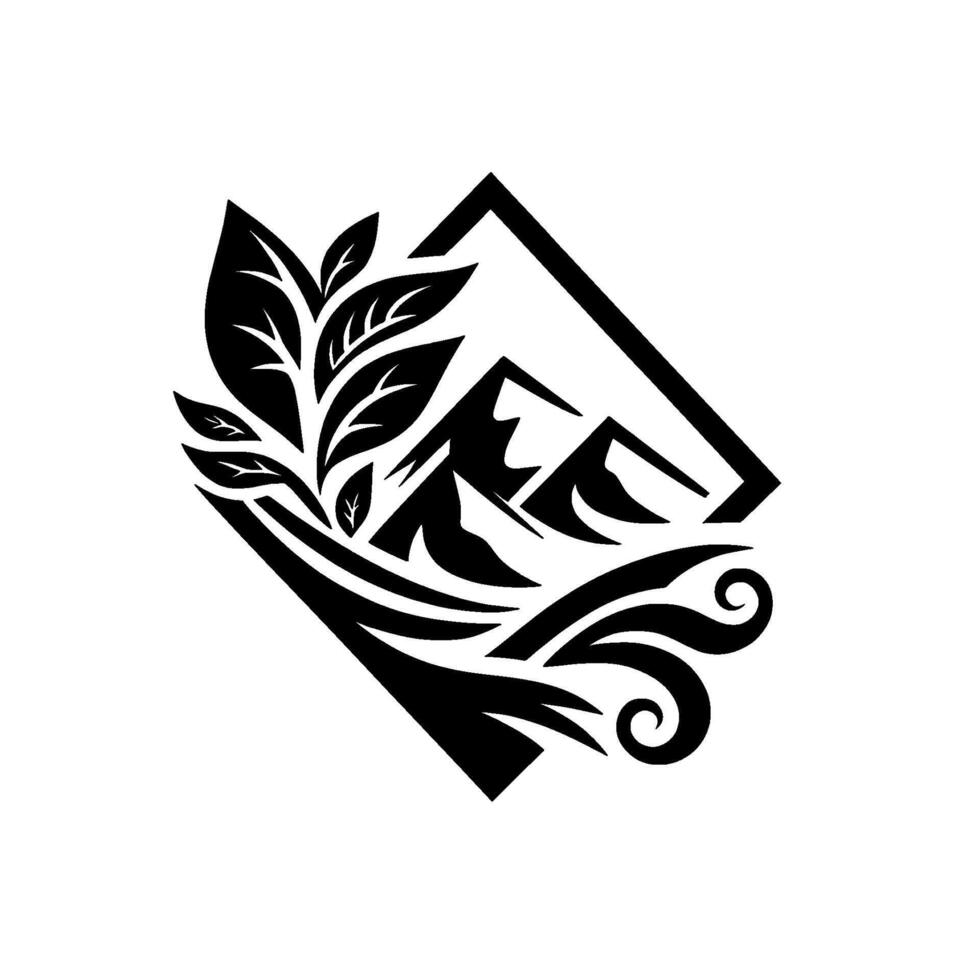 Abstract Nature Mountains, Leaves, and Water in Black White vector