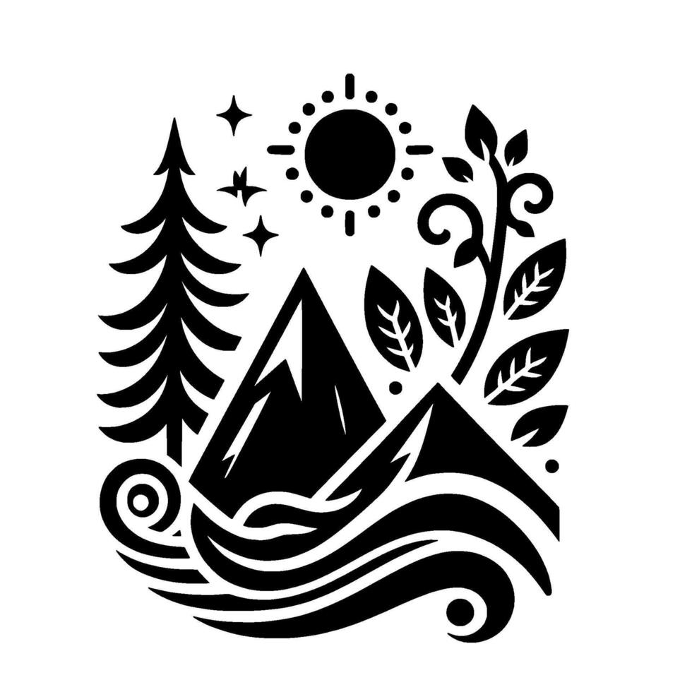 Black and White Nature Mountains, Tree, Sun, and Leaves vector