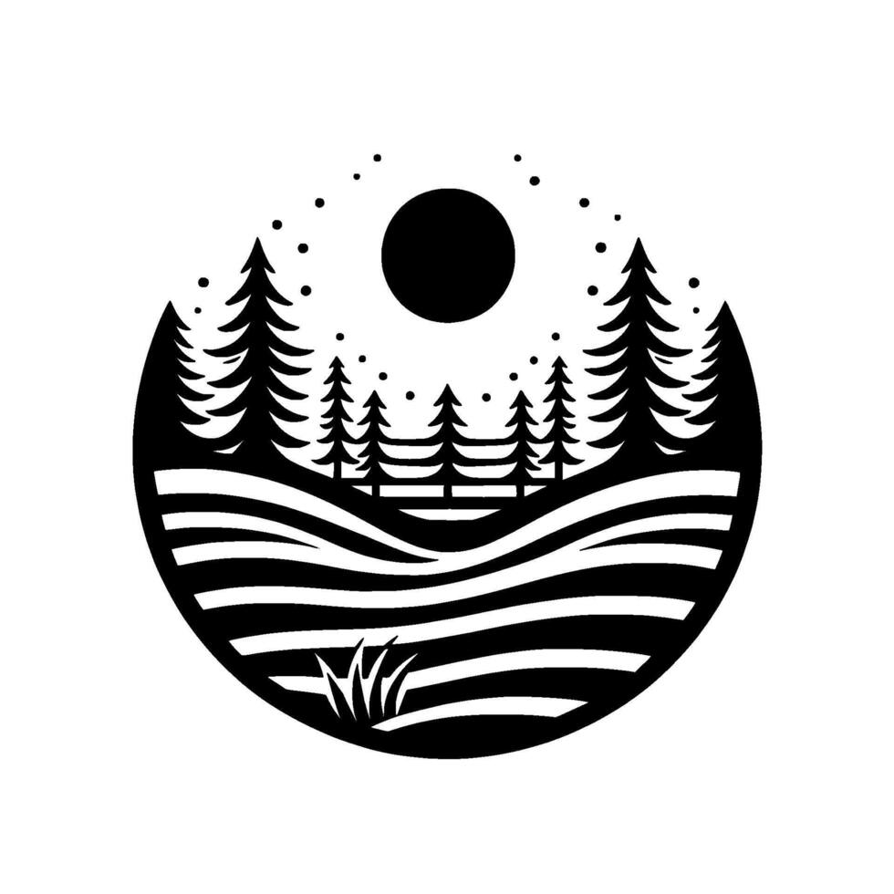 Minimalist Silhouette Nature Scene in Circle, Trees, Moon, Stars vector
