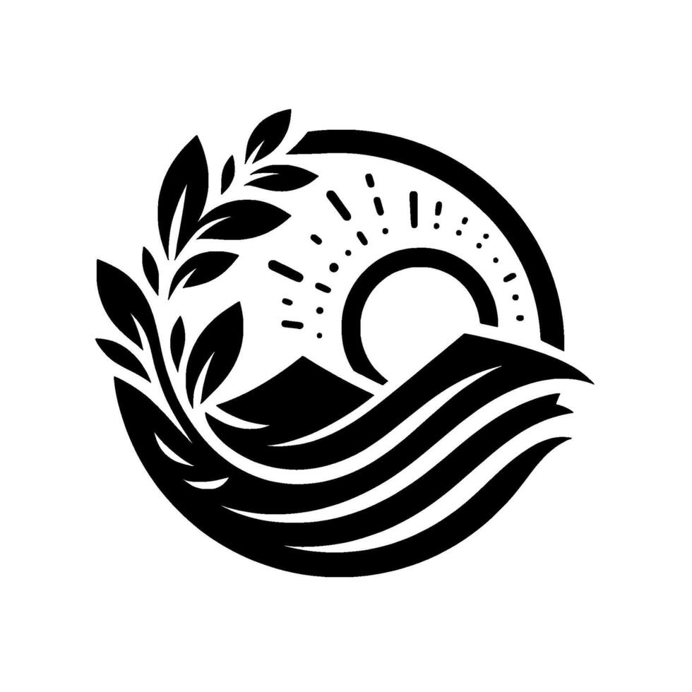 EcoFriendly Nature Sunrise, Mountains, Leaves in Circle vector