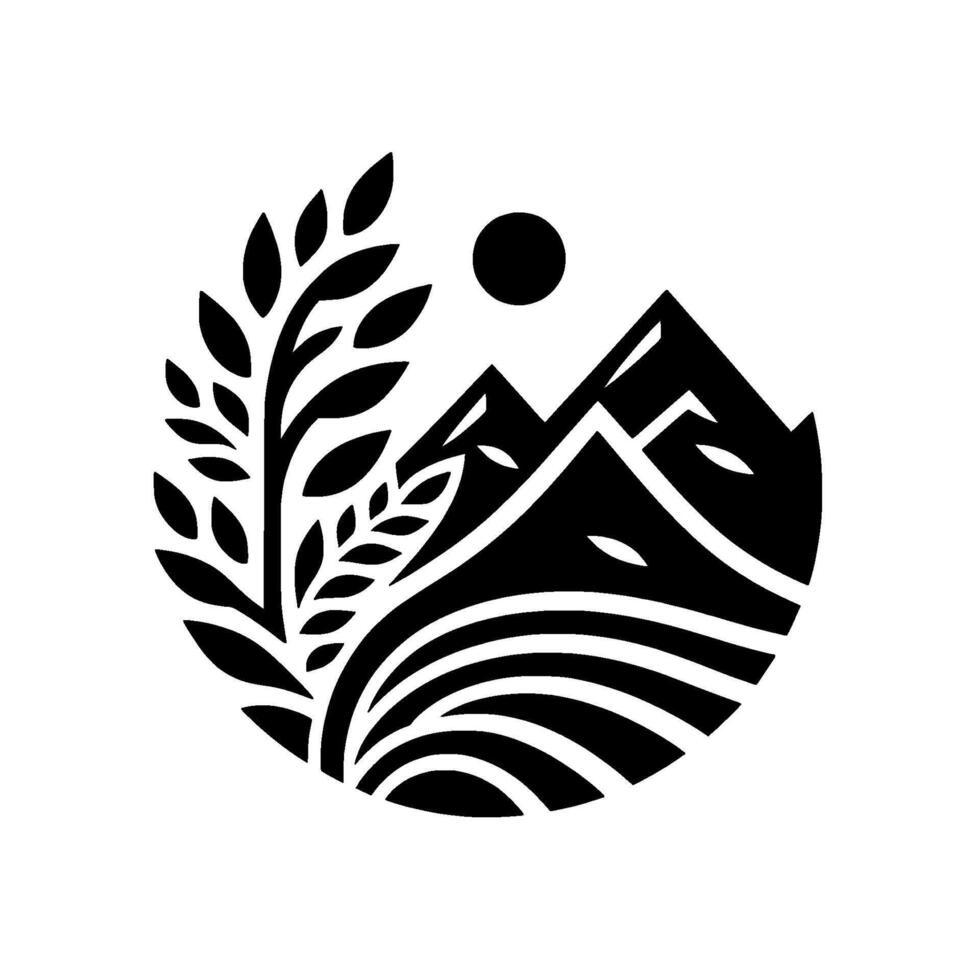 Minimalist Mountain Landscape with Foliage, Sun, Circle vector