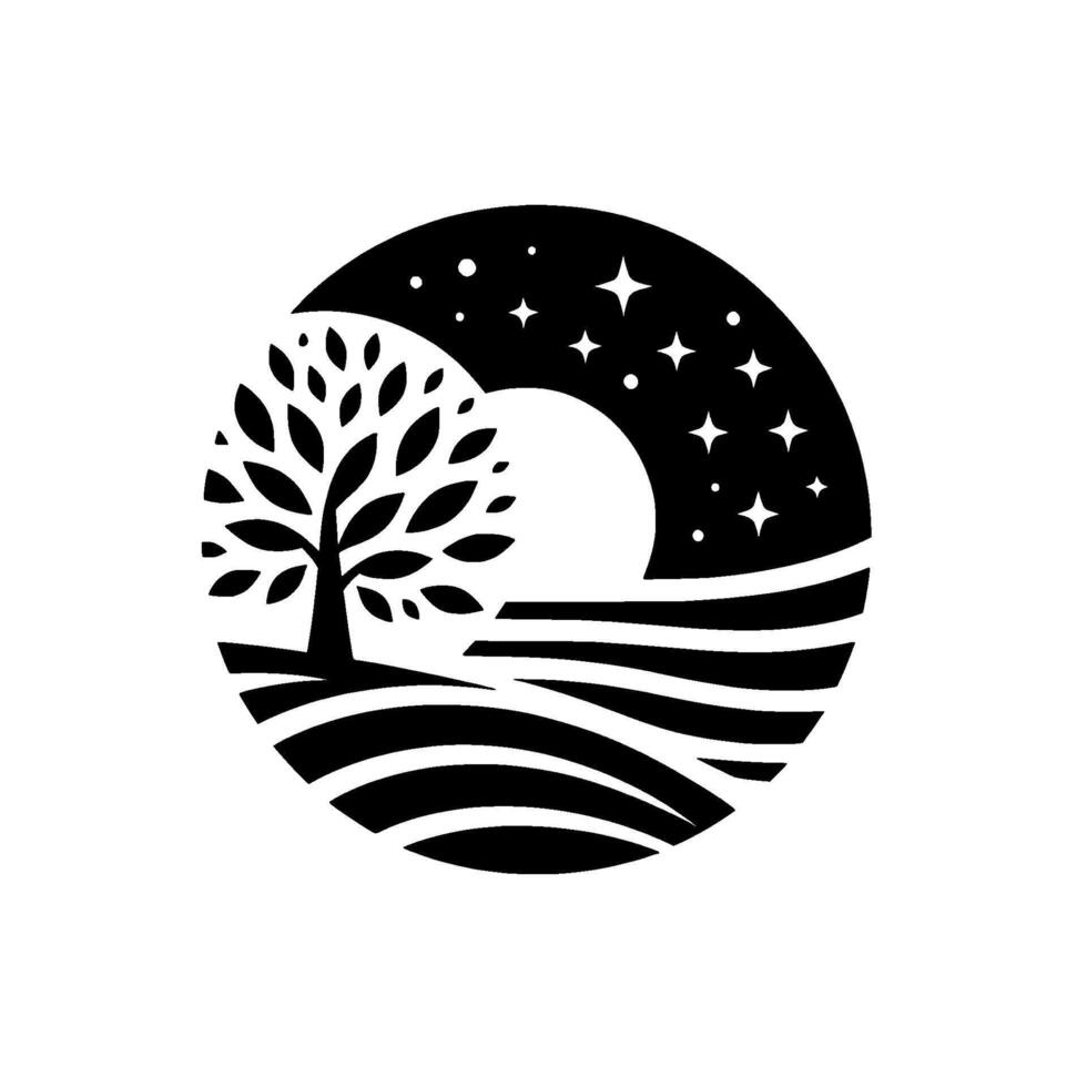 Night Landscape Silhouette Tree, Stars, Fields vector
