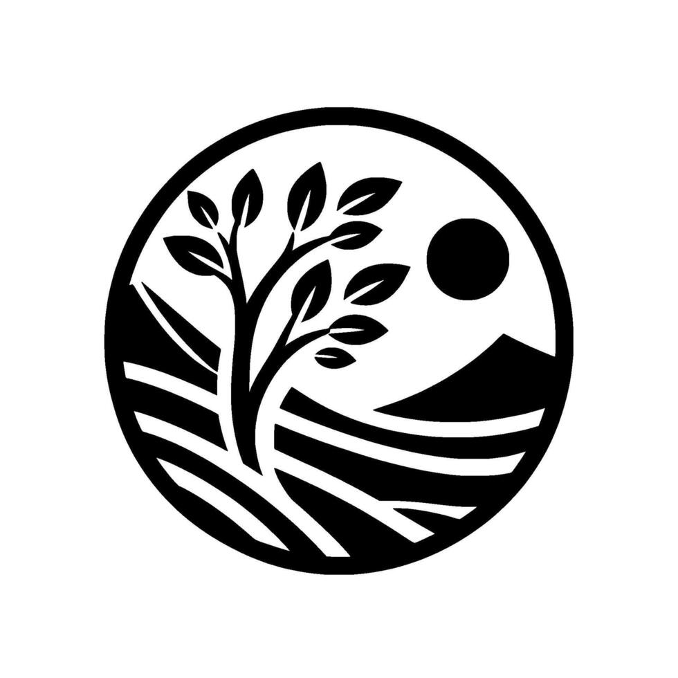 Minimalist Tree, Field, and Mountain in Circle Black and White vector