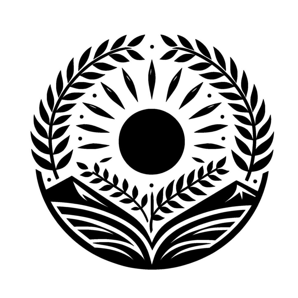 Black White Sunburst with Mountains Leaves Minimalist vector