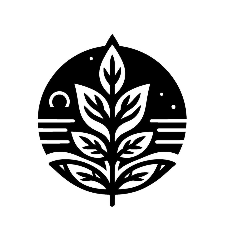 Minimalist Black White Leafy Emblem in Circle, Nature vector