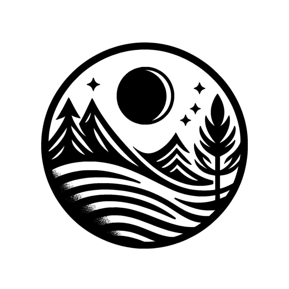Minimalist Night Landscape Circle , Mountains, Moon Stars vector