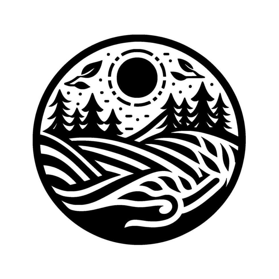 Circular Black and White Nature Forest Landscape, Sun, and Trees vector