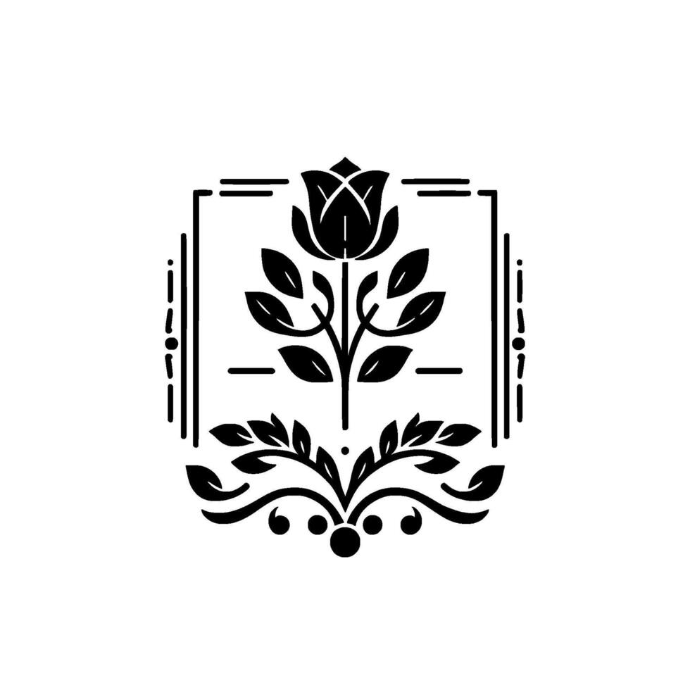 Elegant Black Rose Floral Emblem on White, Decorative vector