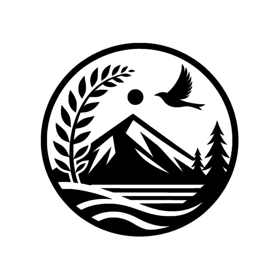 Circular Black and White Nature Mountains, Bird, and Trees vector