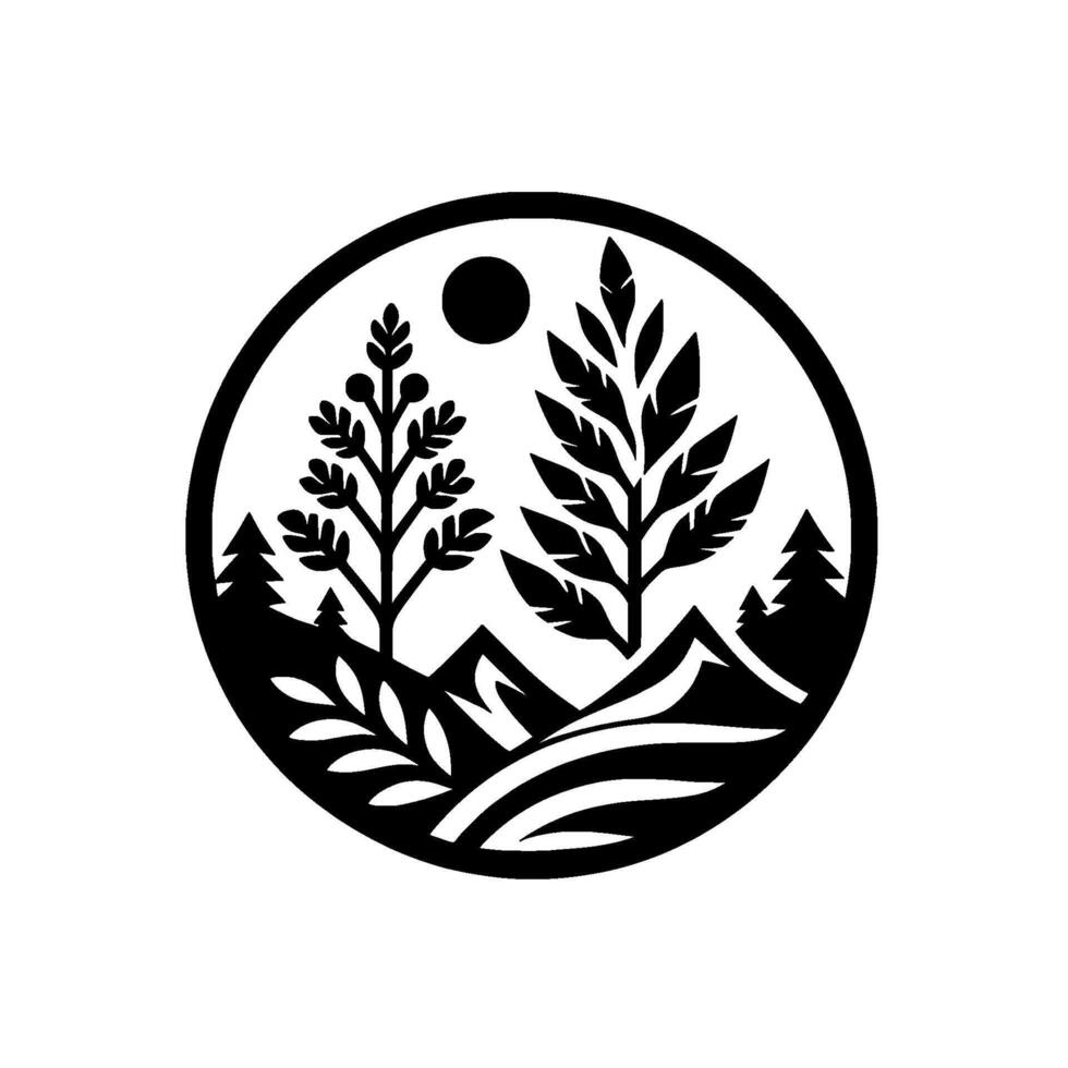 Black White Nature Circle Trees, Mountains, Sun, Minimalist vector