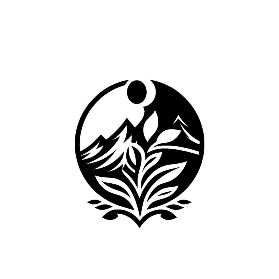 Minimalist Nature Mountains, Plants, Sun in a Circle, Monochrome vector