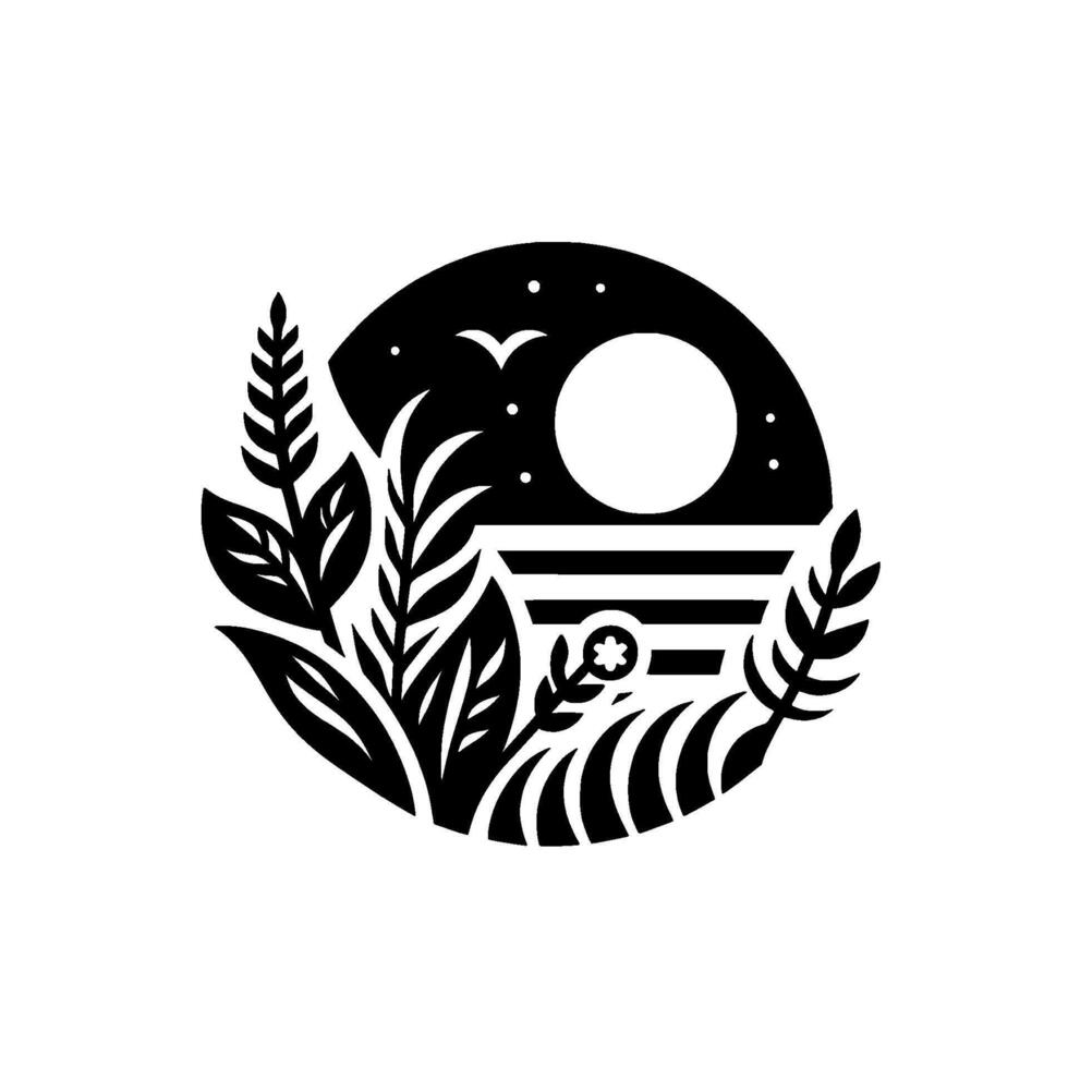 Black White Minimalist Nature Scene Night Sky Plants vector