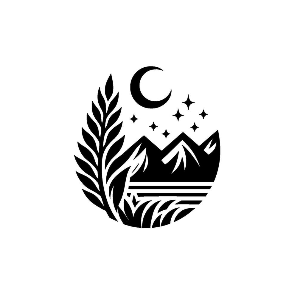 Black White Nightscape Mountains, Crescent, Stars Foliage vector