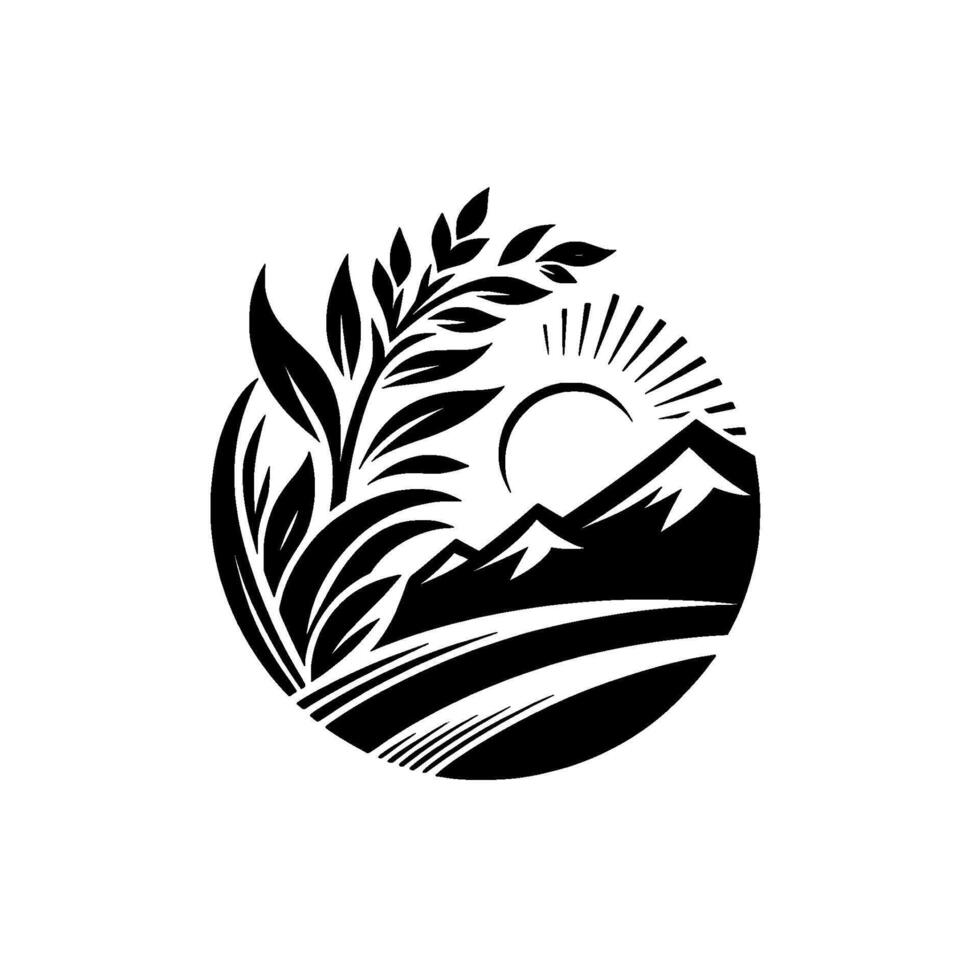 Minimalist Nature Mountains, Sun, and Foliage in Circle vector