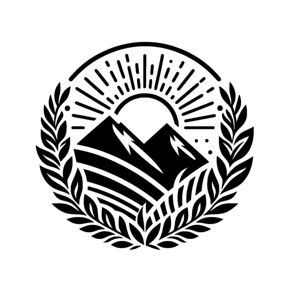 Mountain , Sun Rising, Leaf Wreath, Adventure Badge, Black White vector