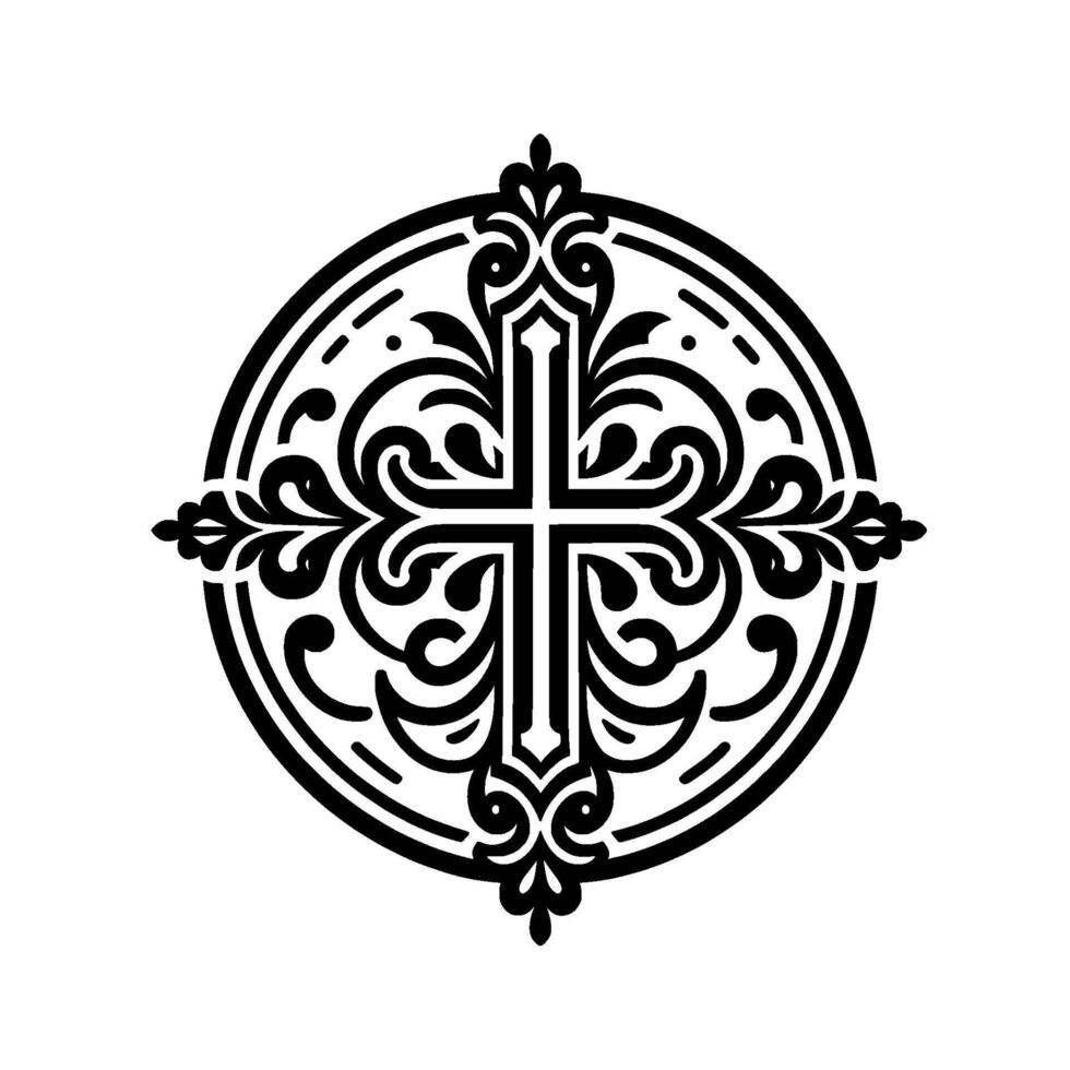 Ornate Black and White Cross Emblem Decorative Circular vector