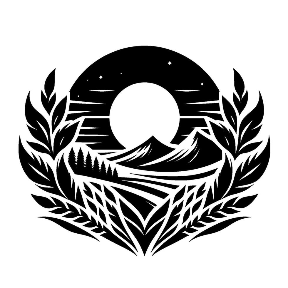 Silhouette Landscape Emblem Mountains, Sun, and Foliage vector