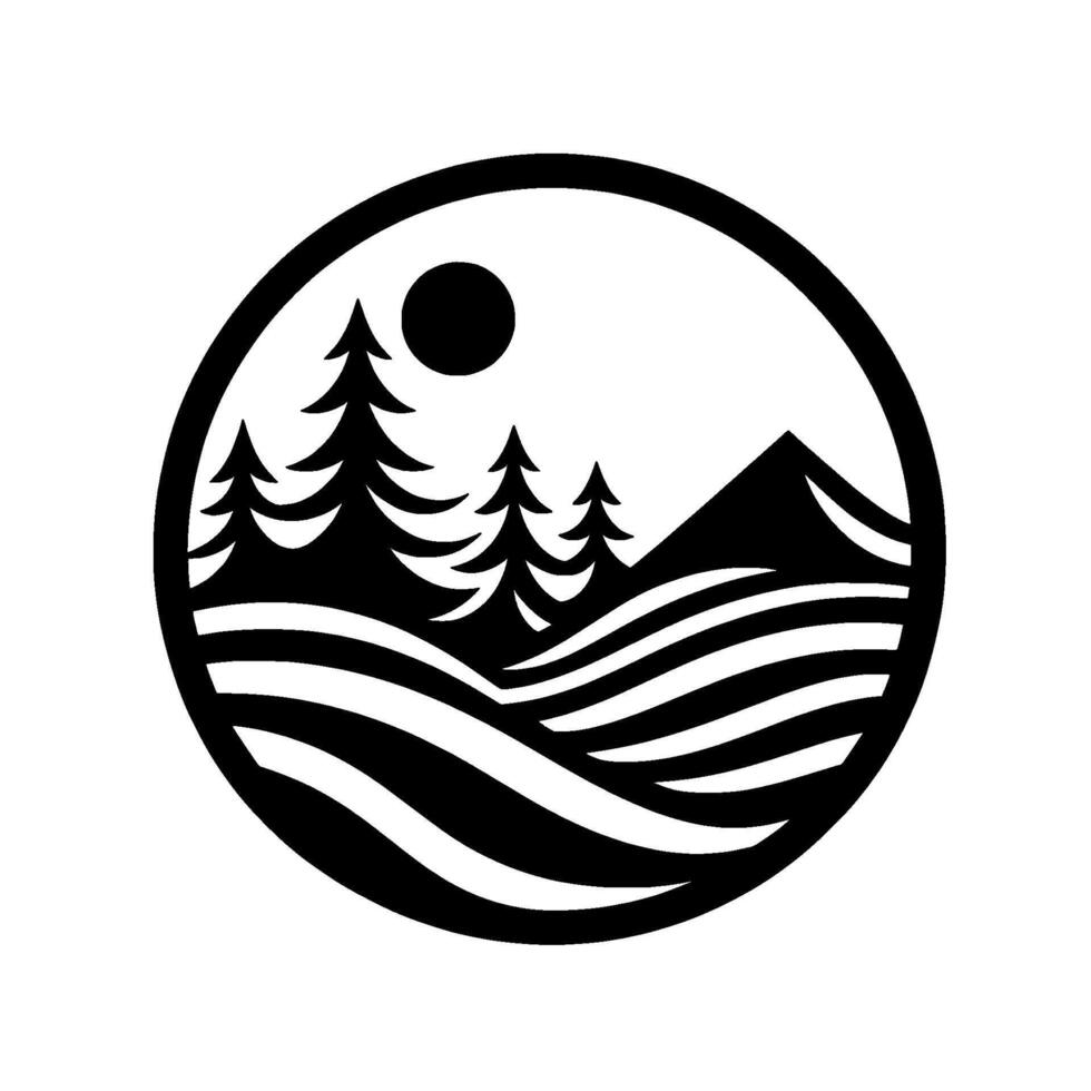 Minimalist Mountain Landscape in Circle, Black White vector