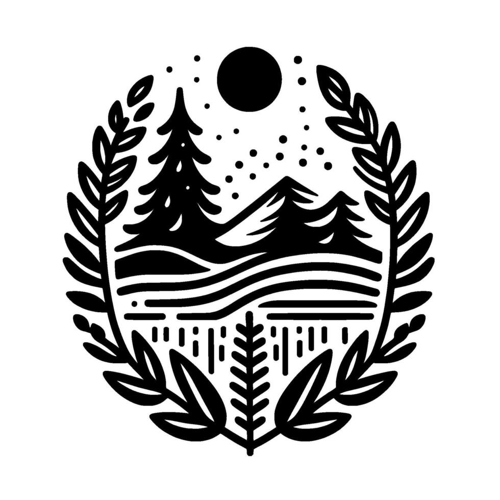 Monochrome Nature Emblem Trees, Mountains, Moon Laurel Wreath vector