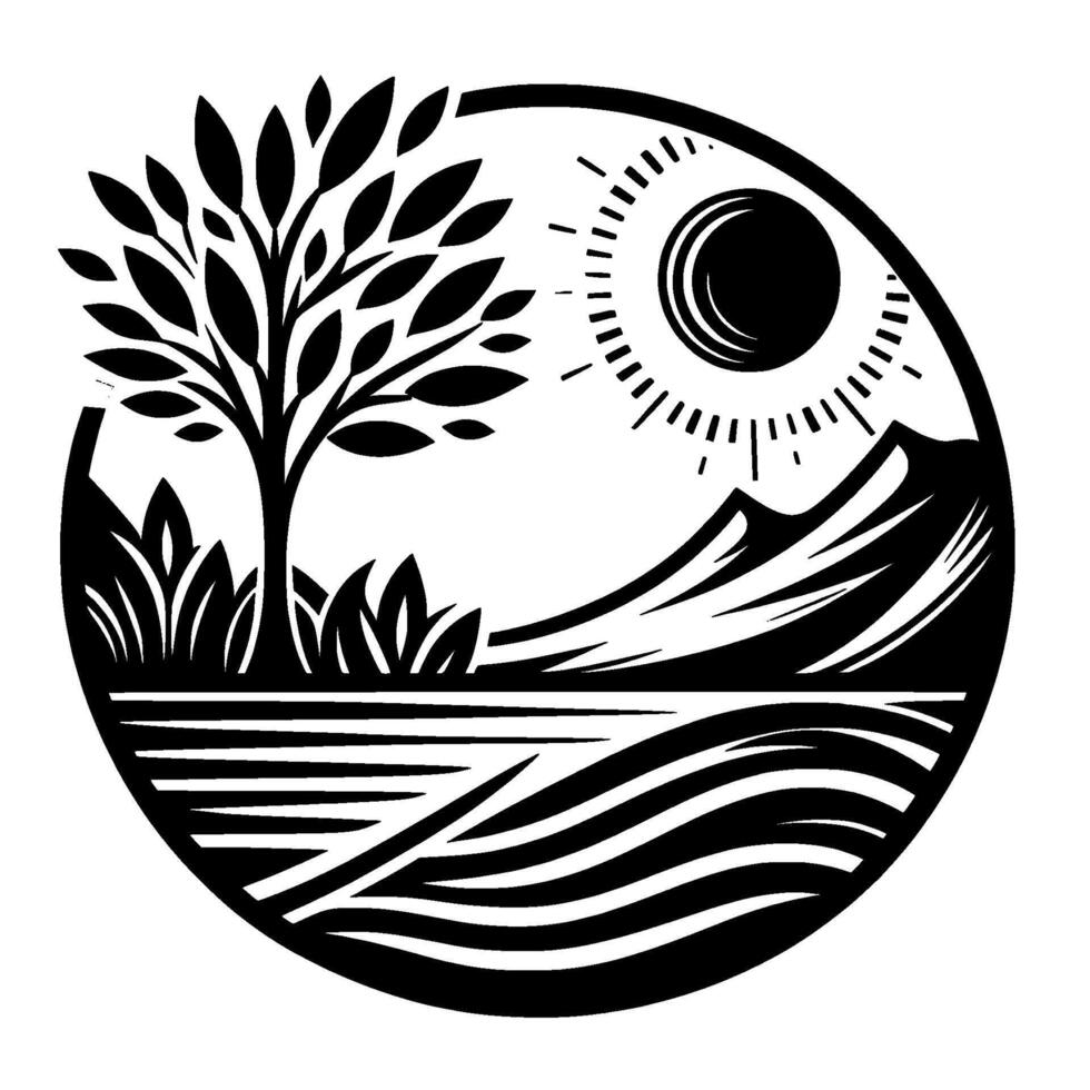 Black and White Nature Scene in Circle Tree, Sun, Mountains, Lake vector