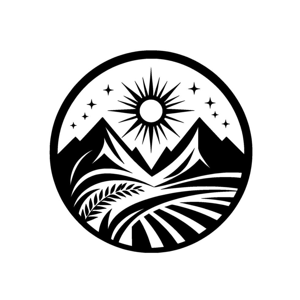 Black and White Farm Mountains, Sun, Wheat Fields, Circle vector