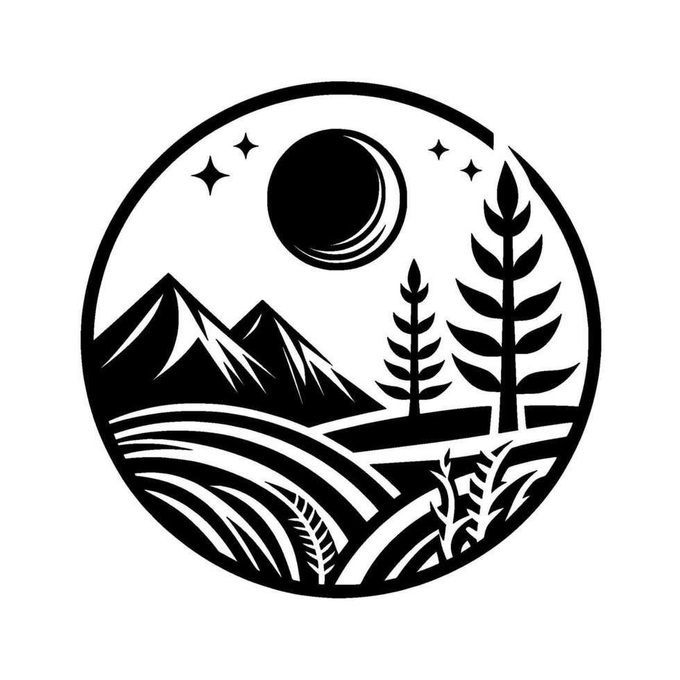 Black White Mountain Landscape in Circle, Minimalist Nature Art vector