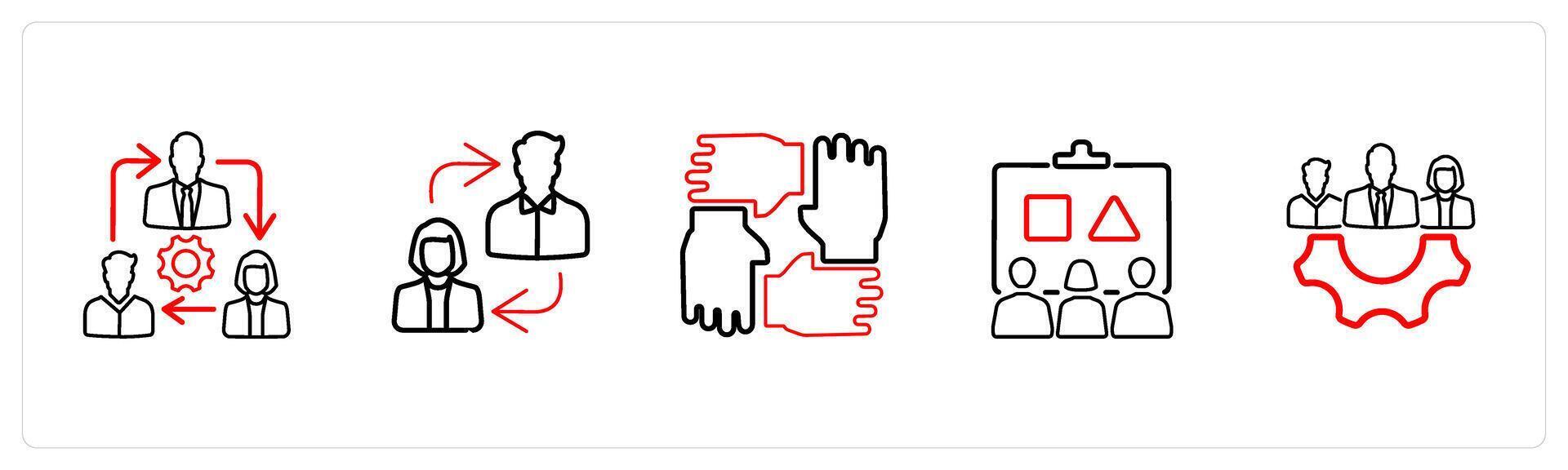 A set of 5 business icons such as teamwork, coordination in red line color vector