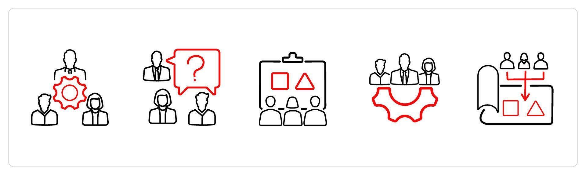 A set of 5 business icons such as strategy, plan, planning in red line color vector
