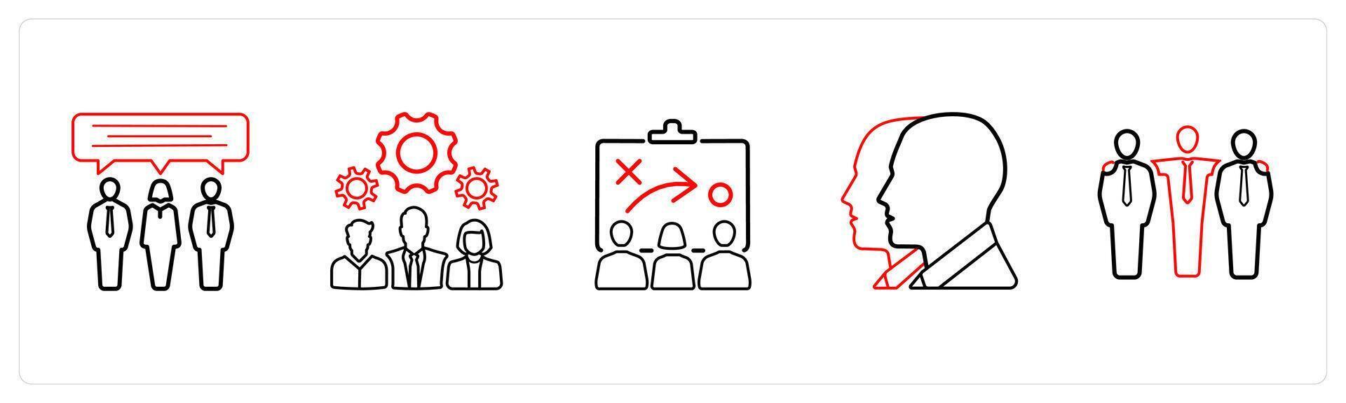 A set of 5 business icons such as communication, teamwork, strategy in red line color vector
